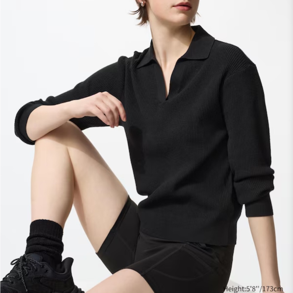 Uniqlo Ribbed Polo Sweater - Collared Washable Knit Top - Black Size L